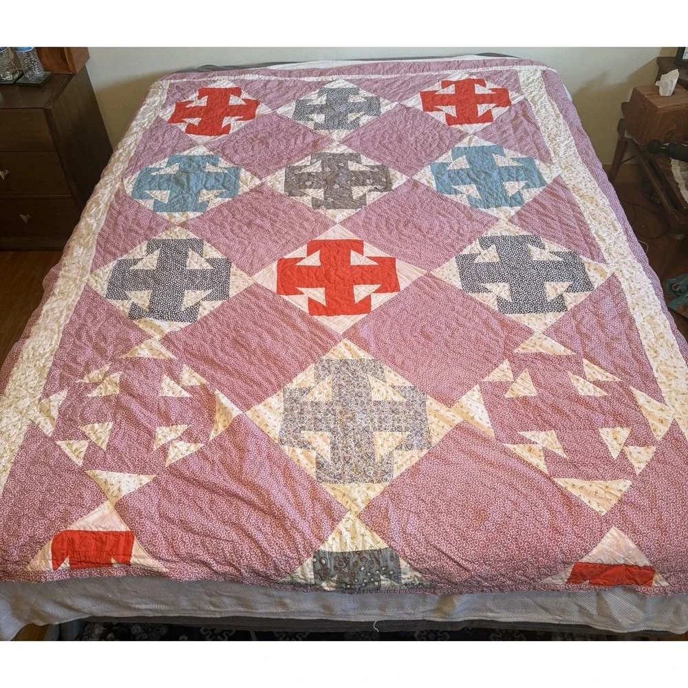 Vintage Double T Patchwork Quilt Queen 61X78 Pink Colorful